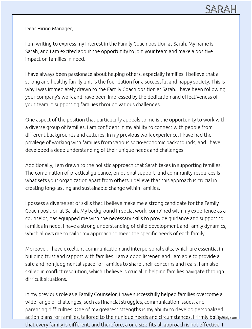 Family coach At Sarah  Cover Letter