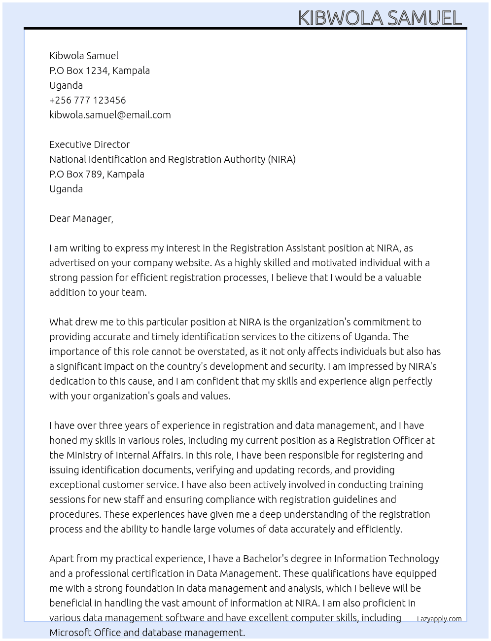 Registration Assistant At Executive Director Nira Cover Letter