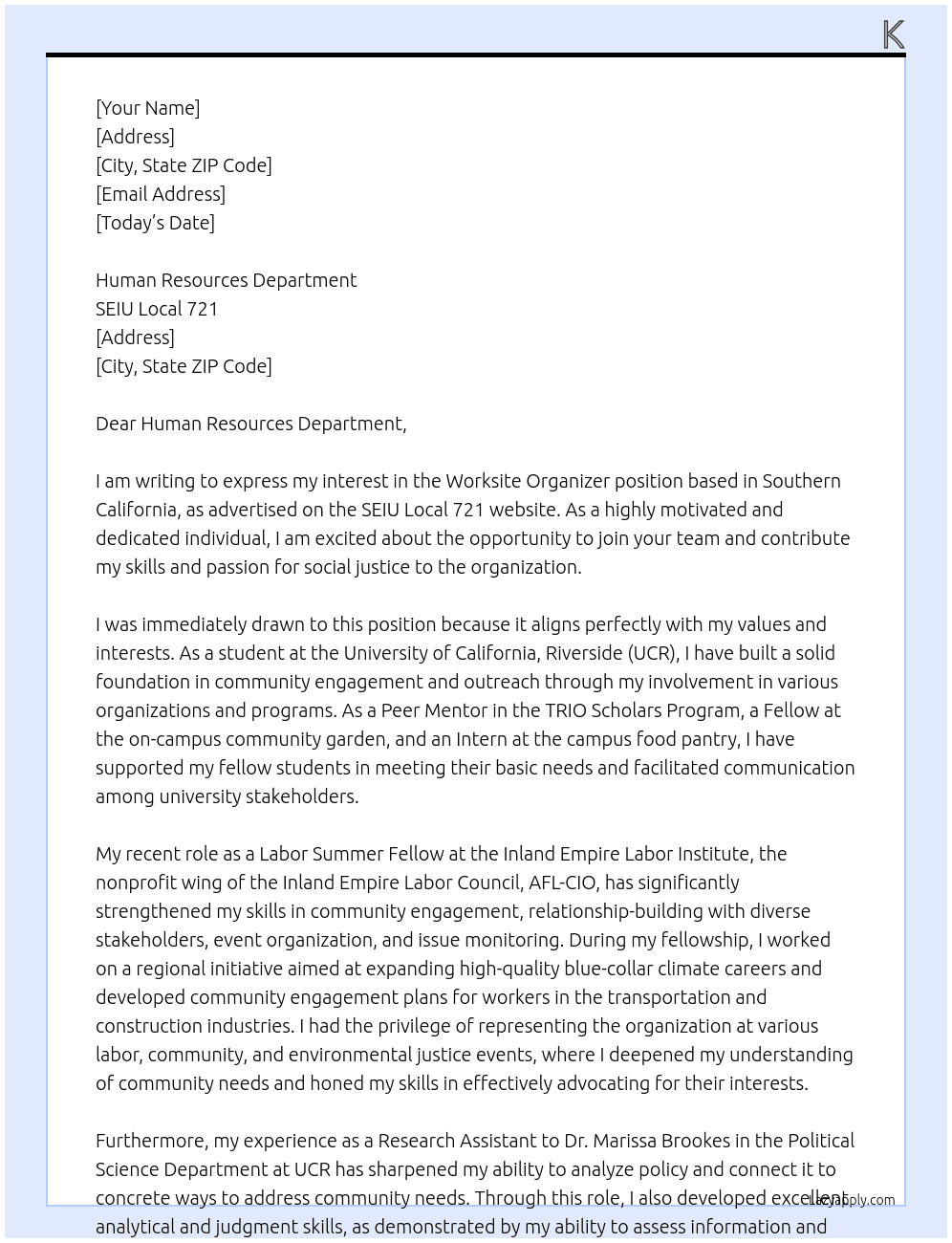 Worksite Organizer based in Southern California At SEIU Local 721  Cover Letter