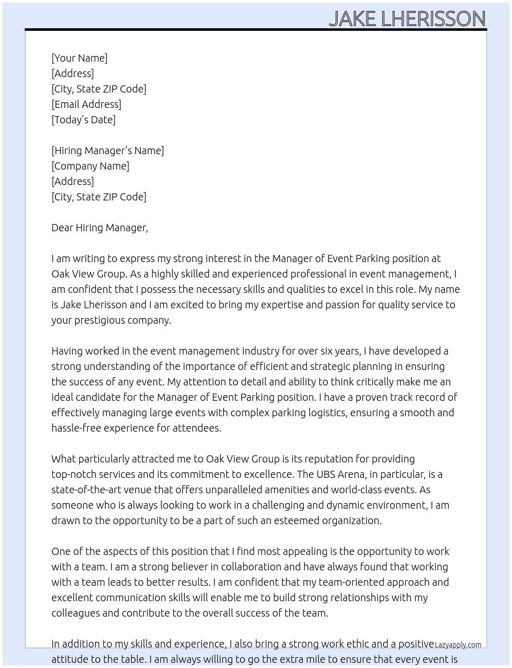 Manager of Event Parking At Oak View Group Cover Letter