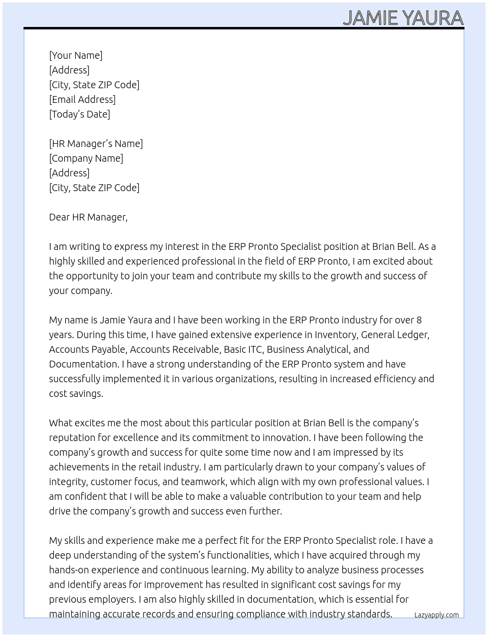 ERP Pronto Specialist At Brian Bell Cover Letter