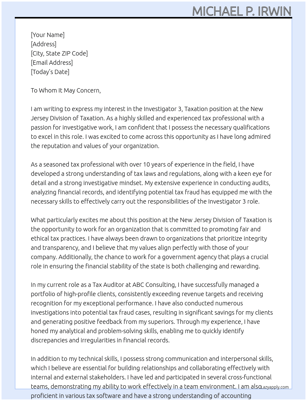 Investigator 3, taxation At New Jersey Division of Taxation Cover Letter