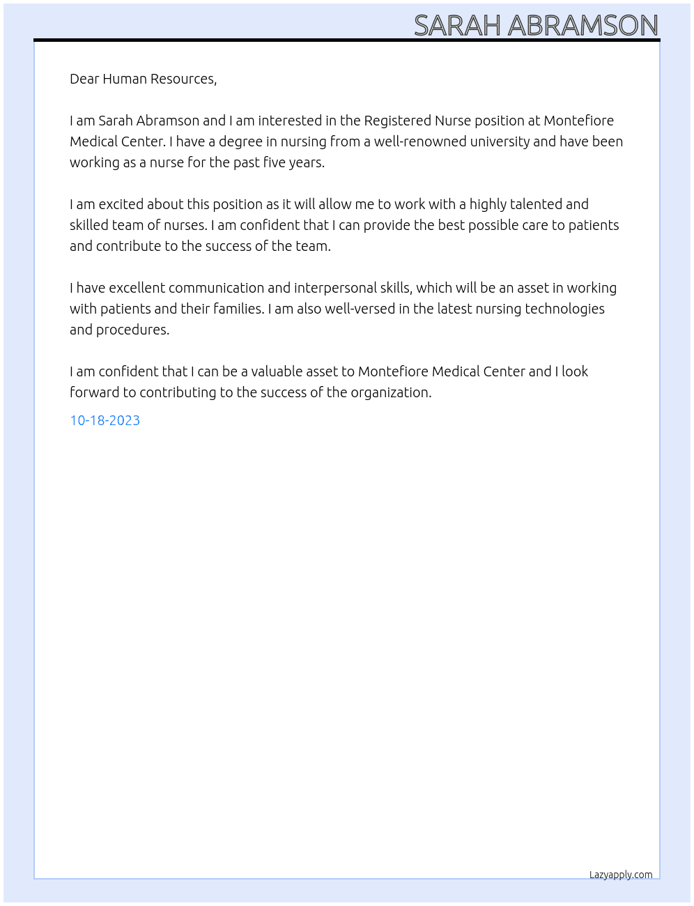 Registered Nurse At Montefiore Medical Center Cover Letter
