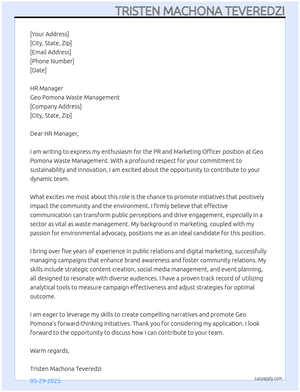 PR and Marketing Officer At Geo Pomona Waste Management Cover Letter