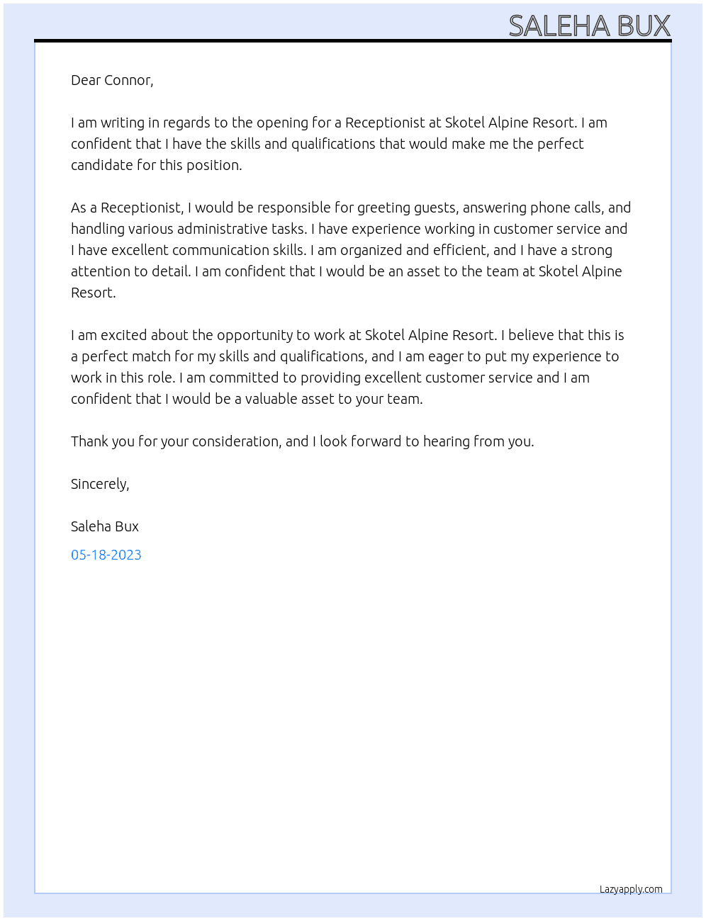 RECEPTIONIST At SKOTEL ALPINE RESORT Cover Letter