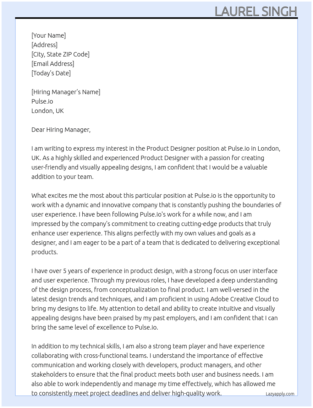 Prodct designer At Pulse.io, London, UK Cover Letter