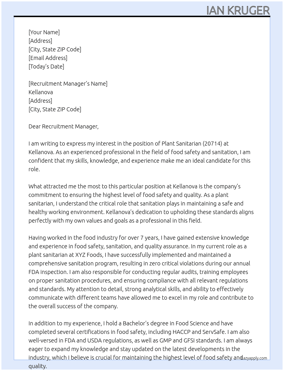Plant Sanitarian (20714) At Kellanova Cover Letter