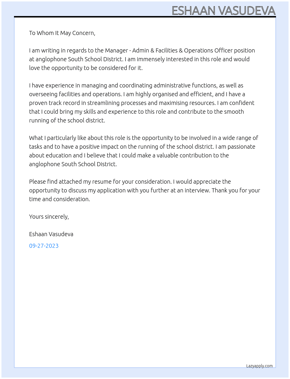 Manager - Admin & Facilities & Operations Officer At anglophone South School District  Cover Letter