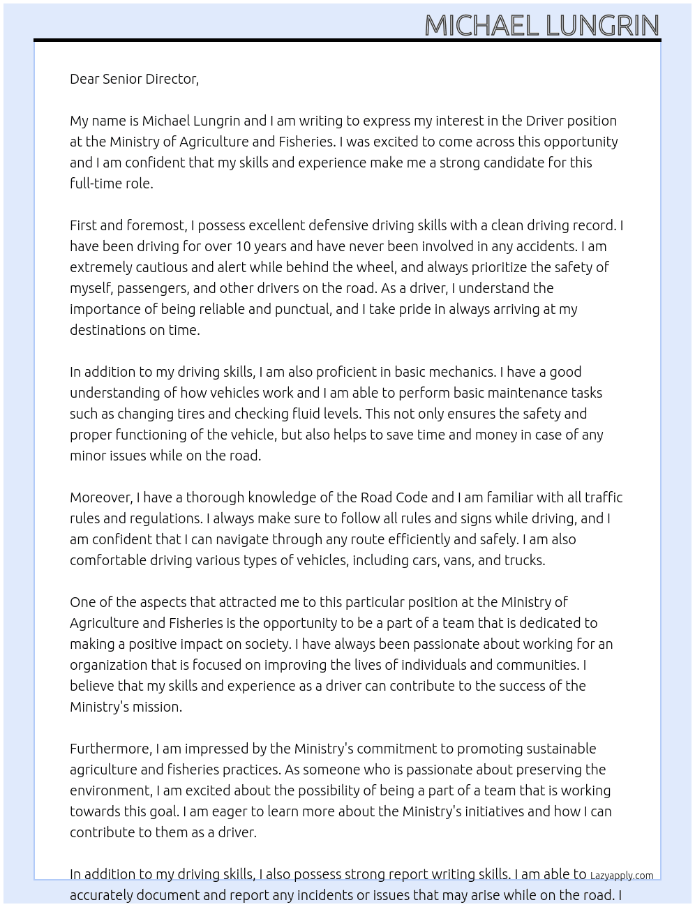 DRIVER At Ministry of Agriculture and Fisheries Cover Letter