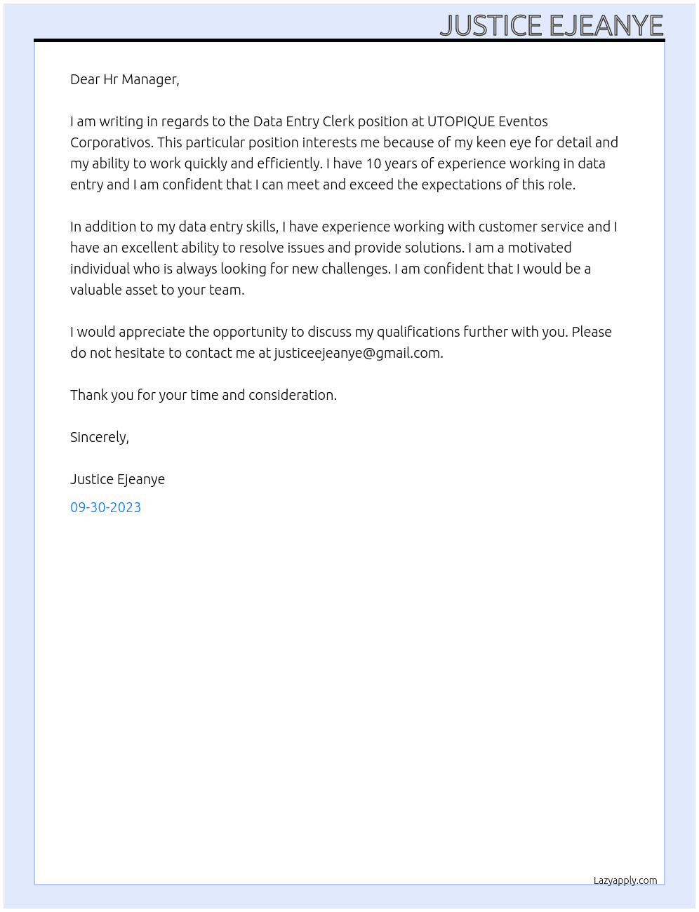 Data Entry Clerk At UTOPIQUE Eventos Corporativos Cover Letter