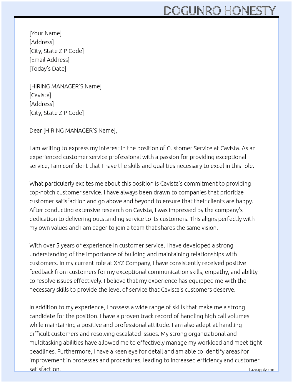 CUSTOMER SERVICE At Cavista Cover Letter