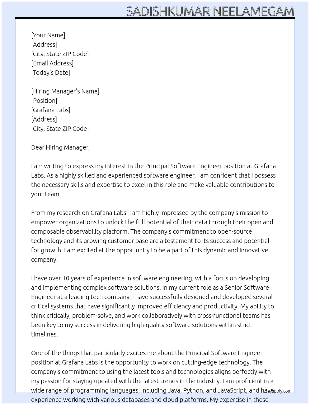 Principal Software Engineer At Grafana Labs Cover Letter