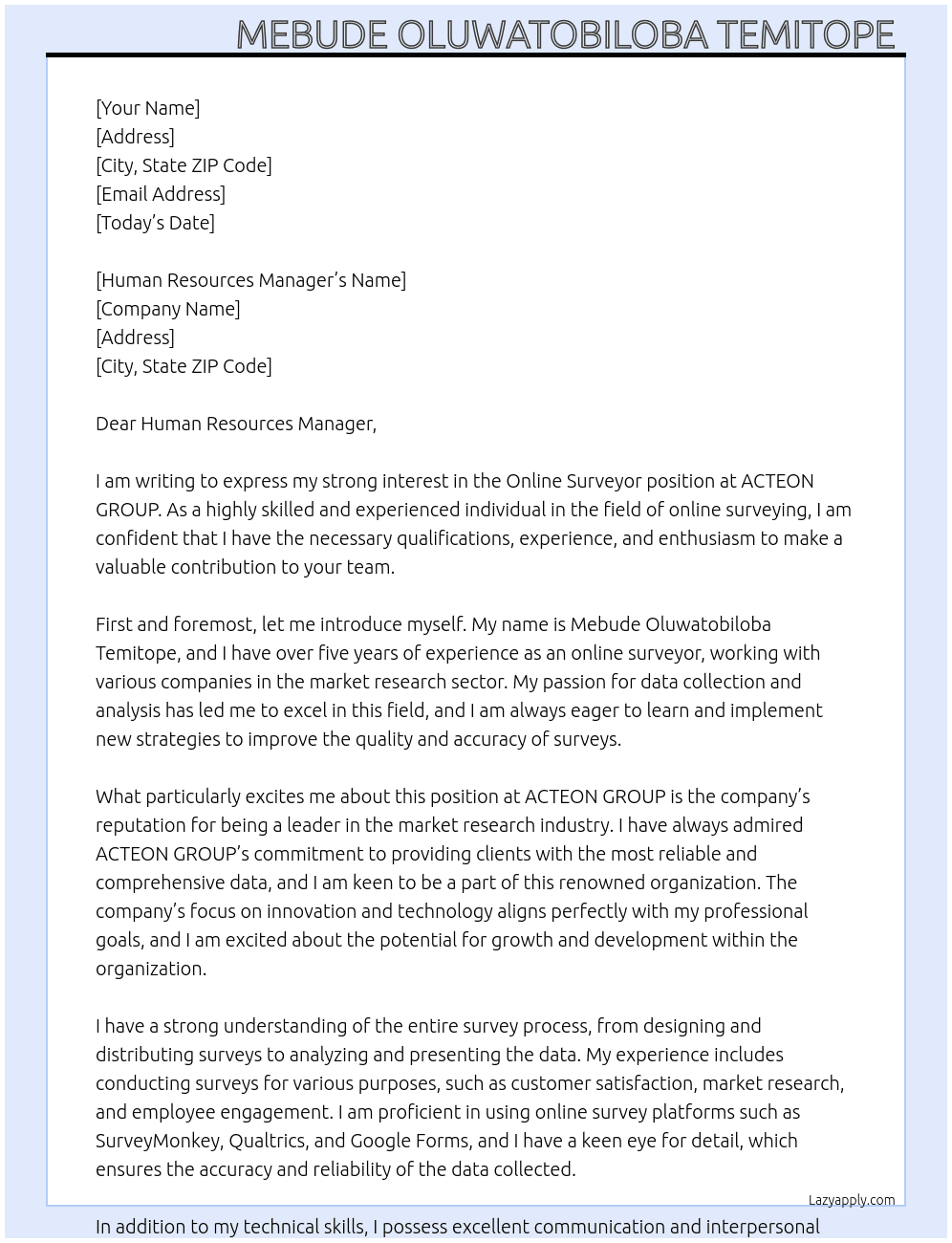 Online Surveyor At ACTEON GROUP Cover Letter