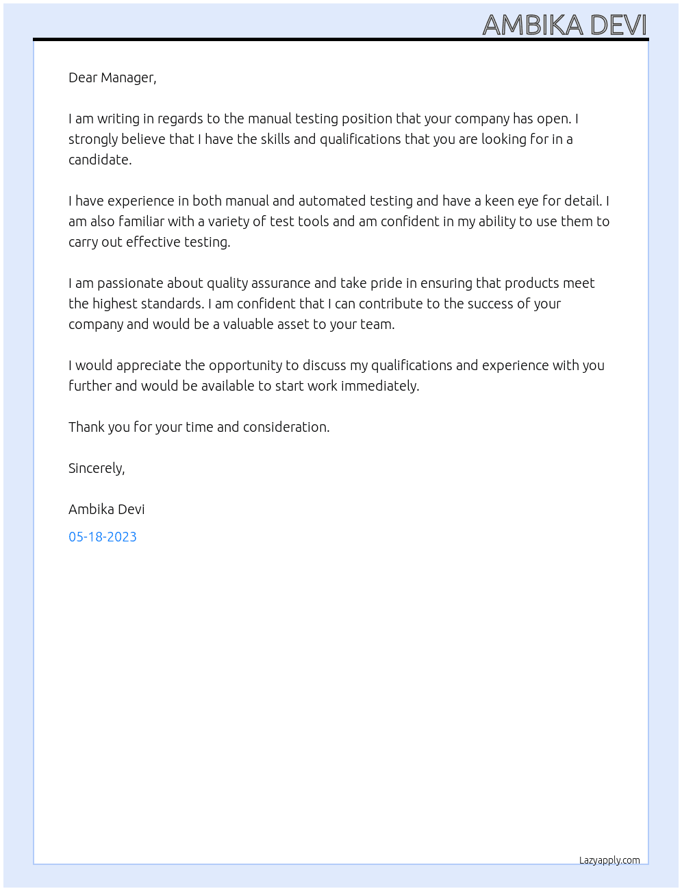 manual tester At any company Cover Letter