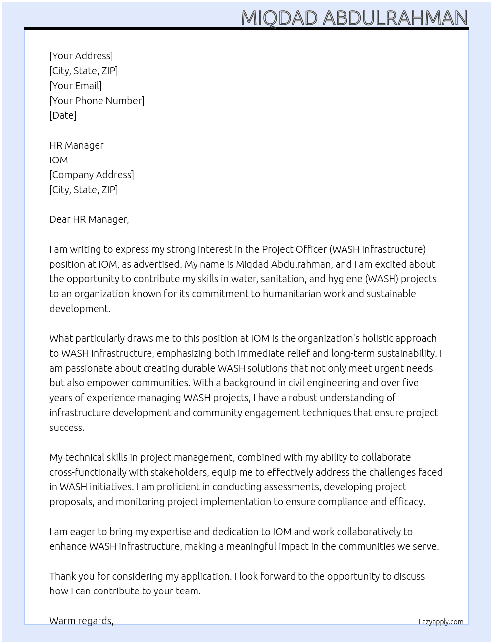 Project officer (WASH Infrastructure) At IOM Cover Letter
