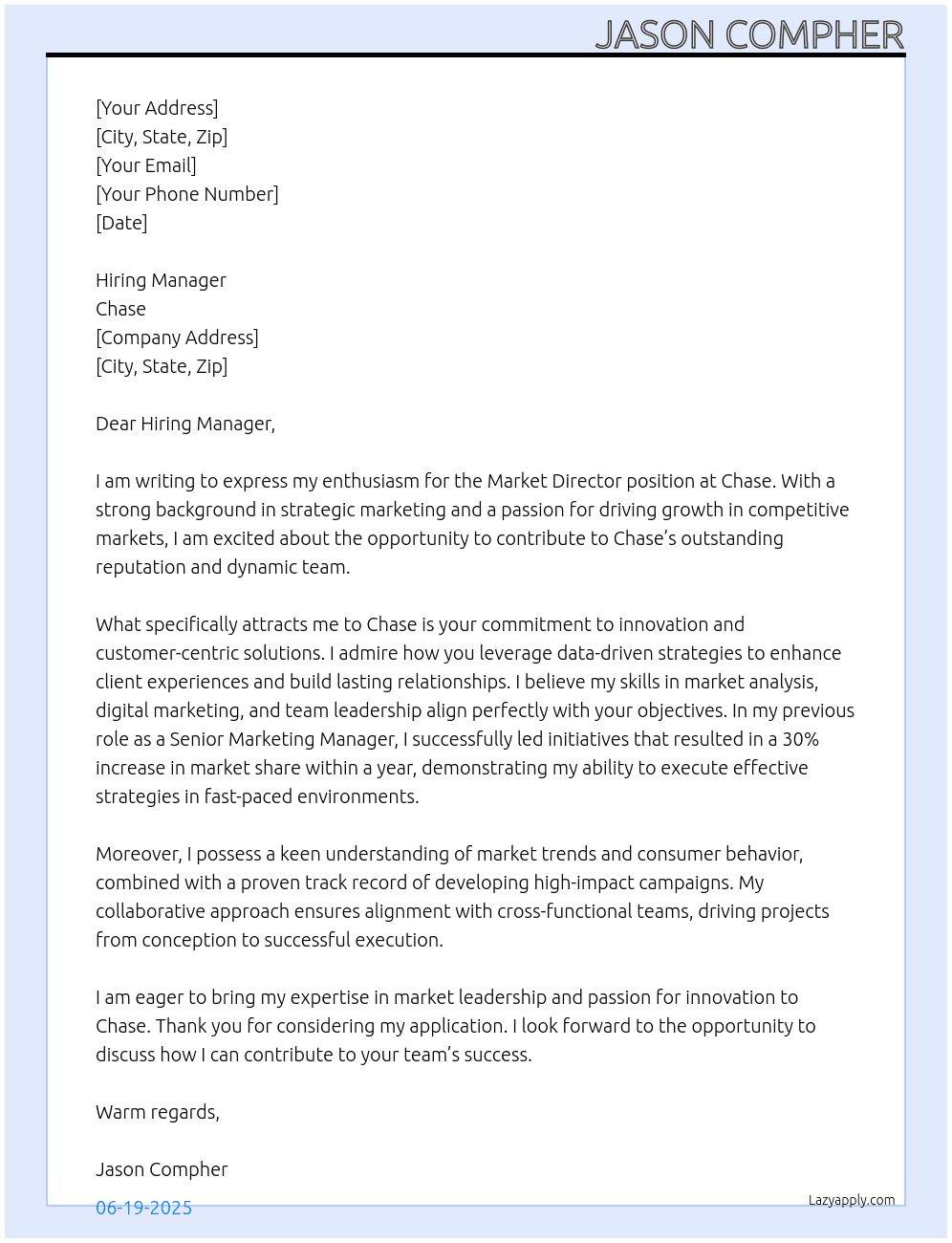 Cover letter for market director - LazyApply