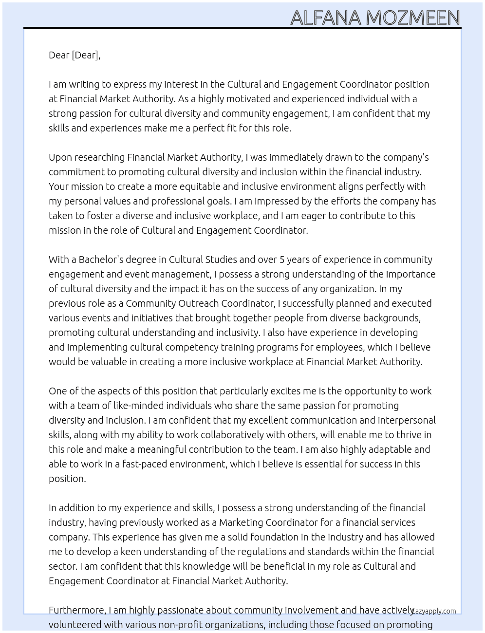 Cultural and Engagement Coordinator At Financial Market Authority Cover Letter