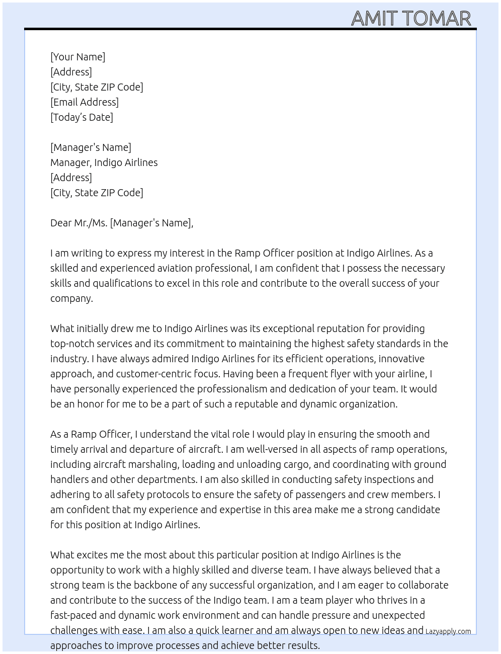 Ramp officer At Indigo airlines  Cover Letter