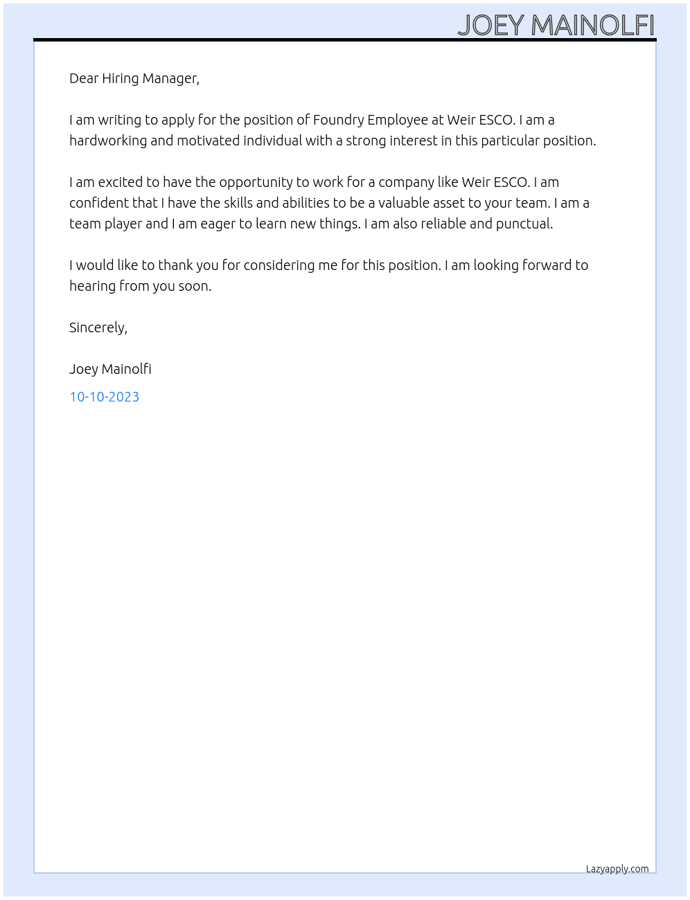 Foundry employee At Weir ESCO Cover Letter