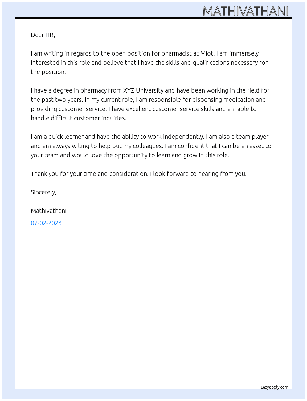 Pharmacist  At Miot  Cover Letter