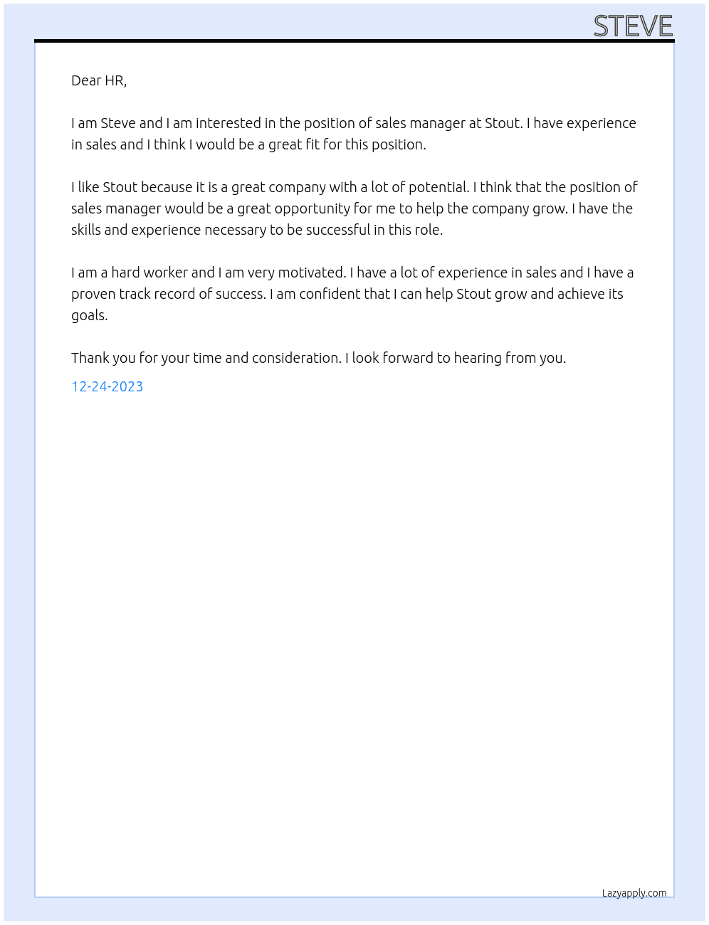 sales manager At Stout Cover Letter