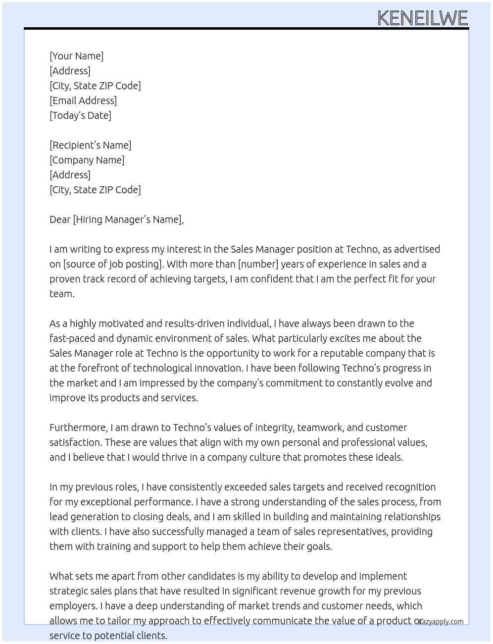 Sales manager At Techno Cover Letter