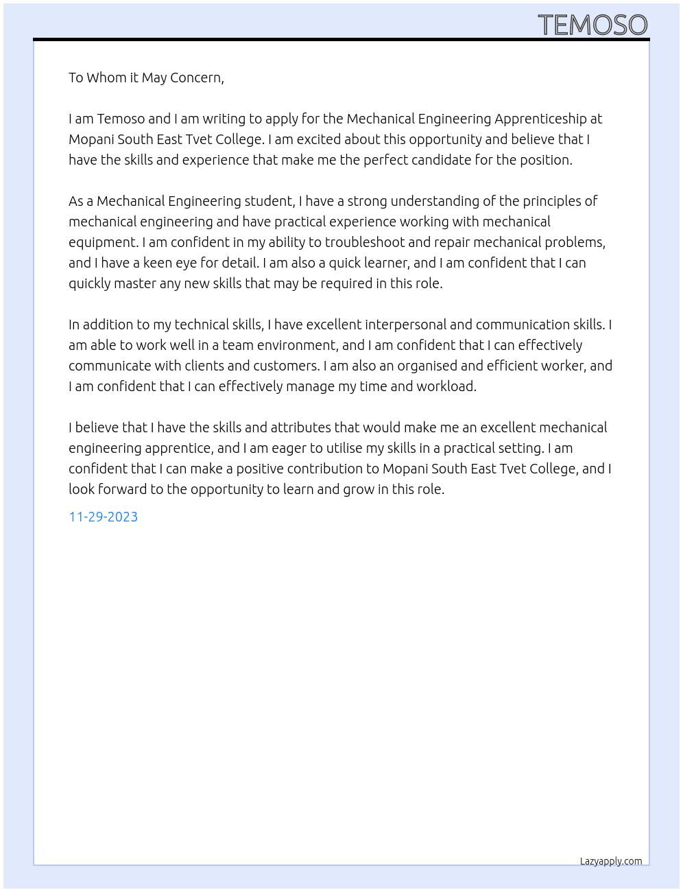 Mechanical Engineering Apprenticeship  At Mopani South East Tvet College Cover Letter