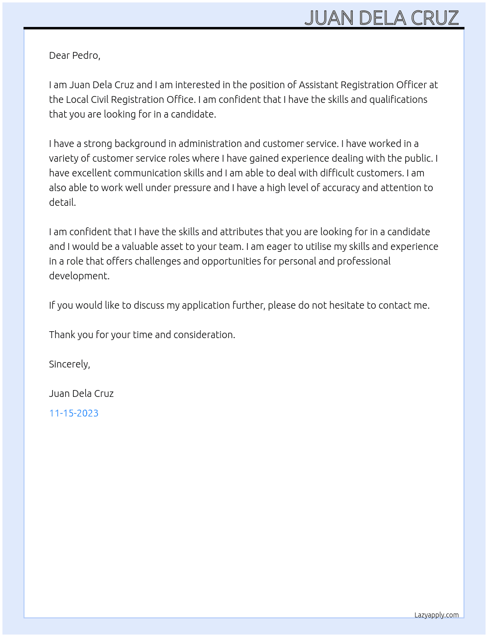 Assistant Registration Officer At Local Civil Registration Office Cover Letter
