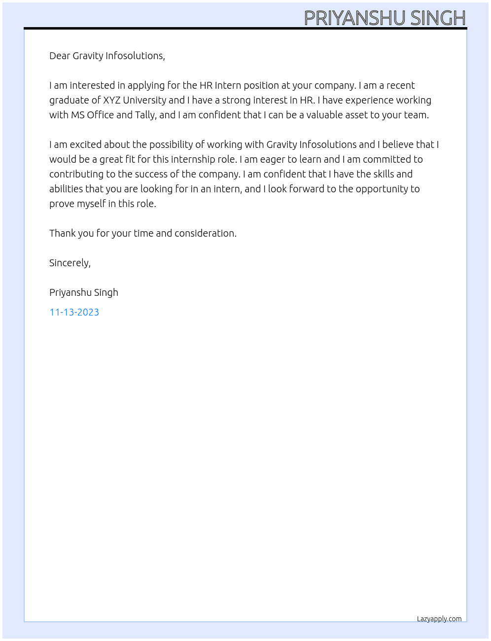HR Intern At Gravity Infosolutions  Cover Letter