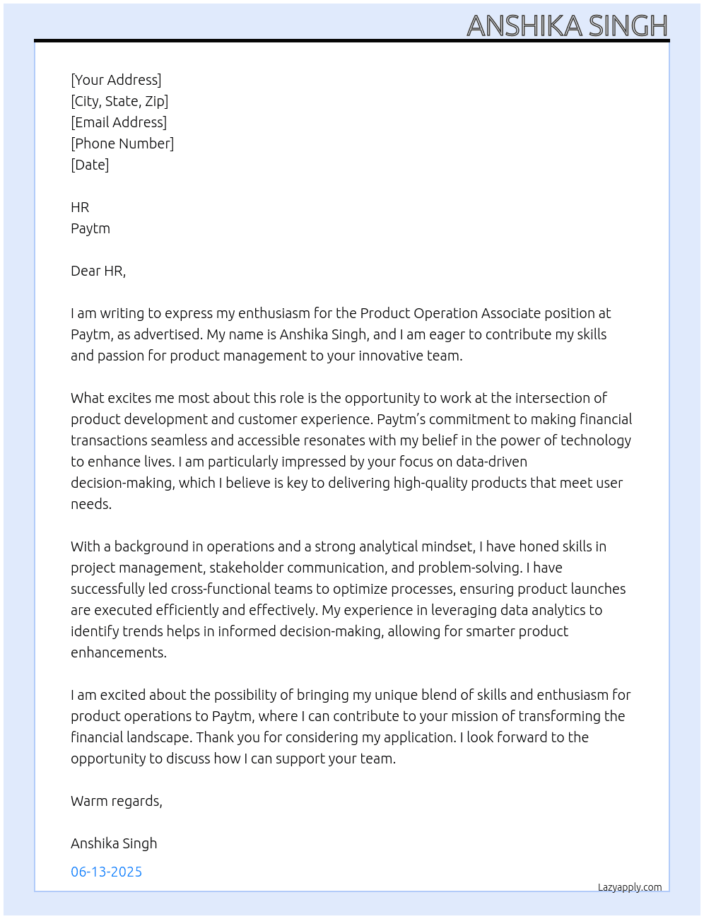 Cover letter for product operation associate - LazyApply