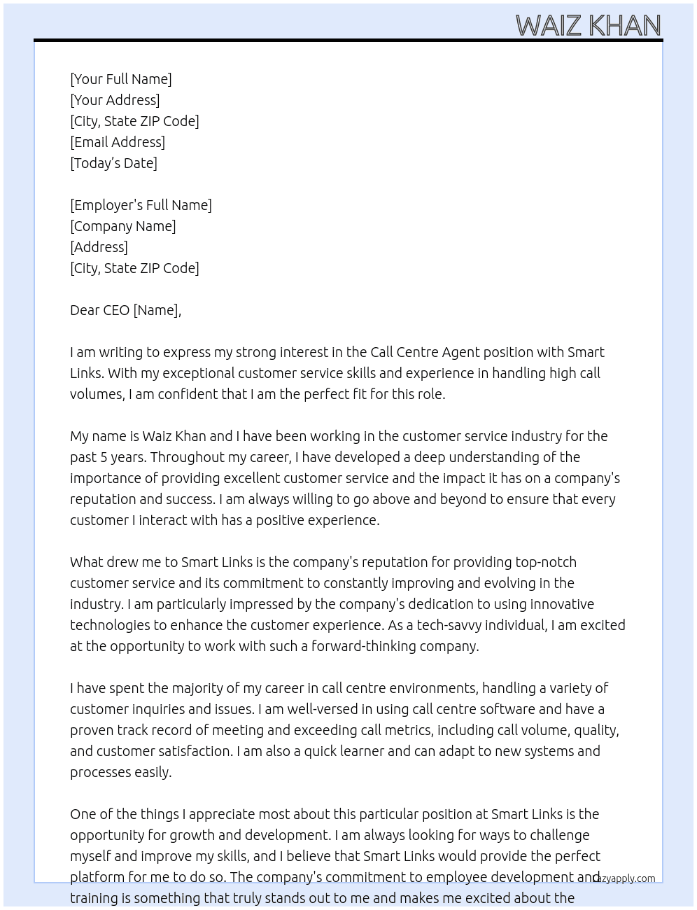 Call centre agent At Smart links Cover Letter