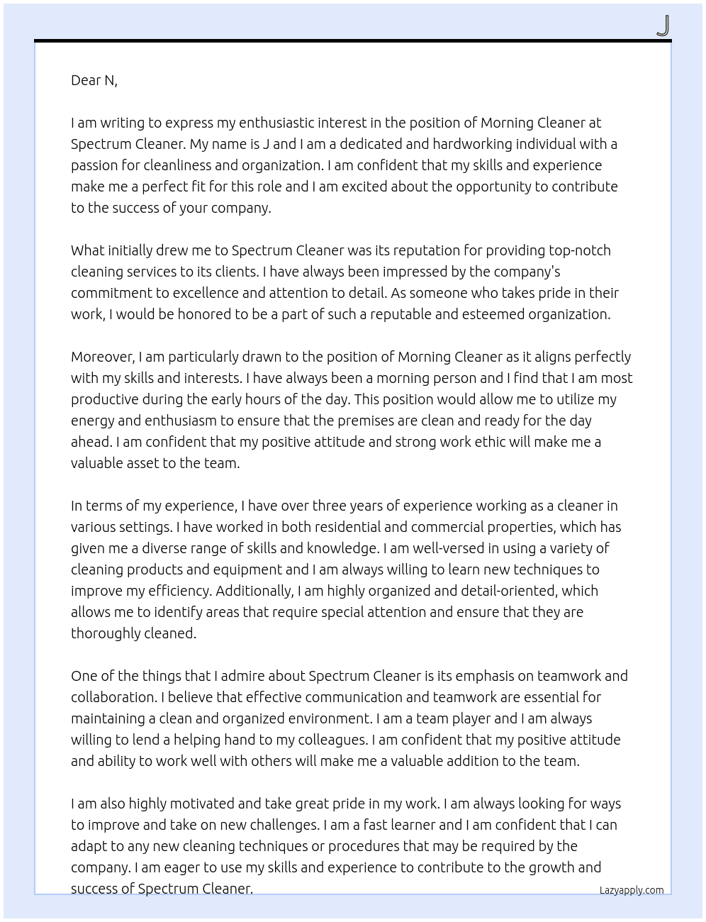 Morning cleaner  At Spectrum Cleaner  Cover Letter