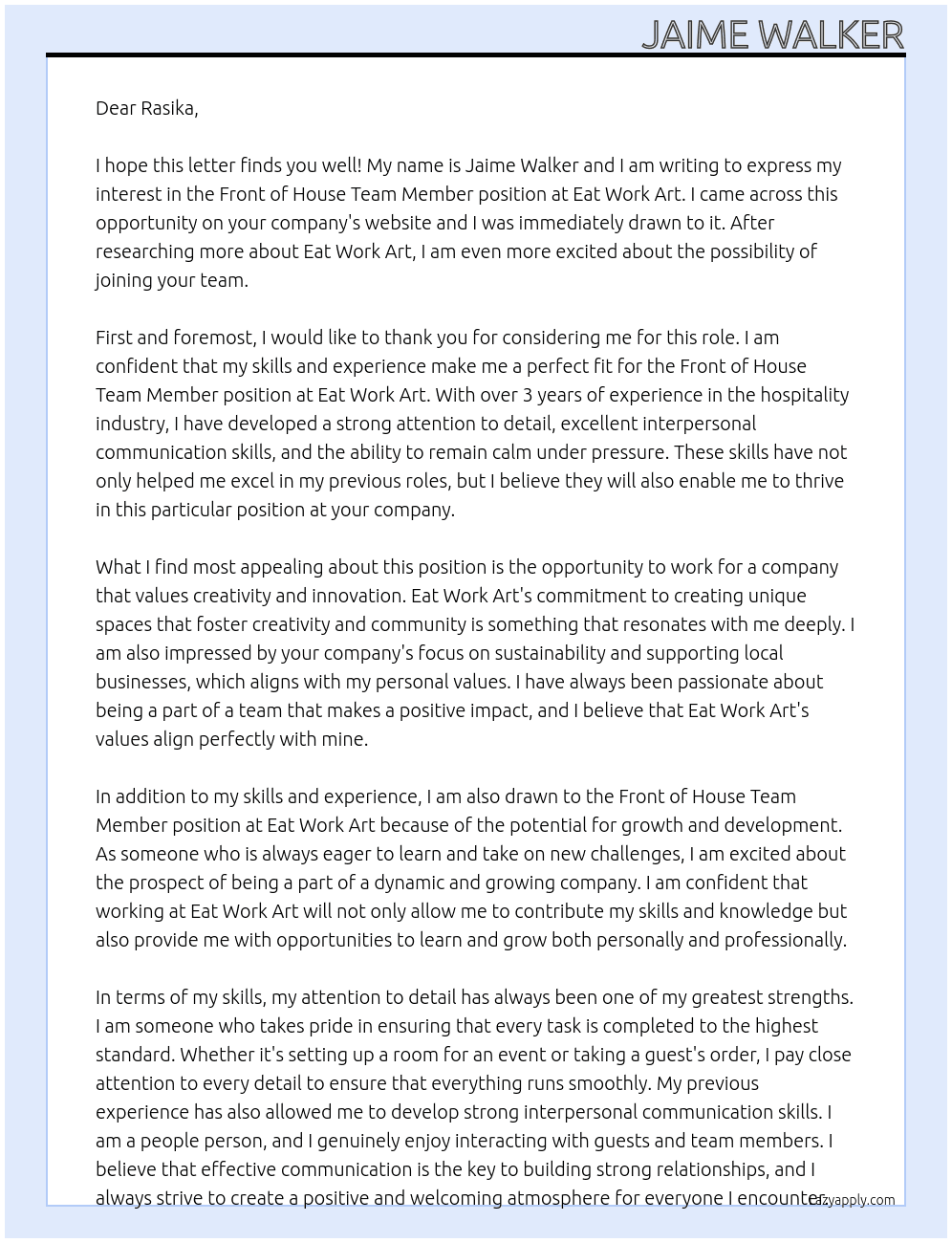 Front of House Team Member At Eat Work Art Cover Letter