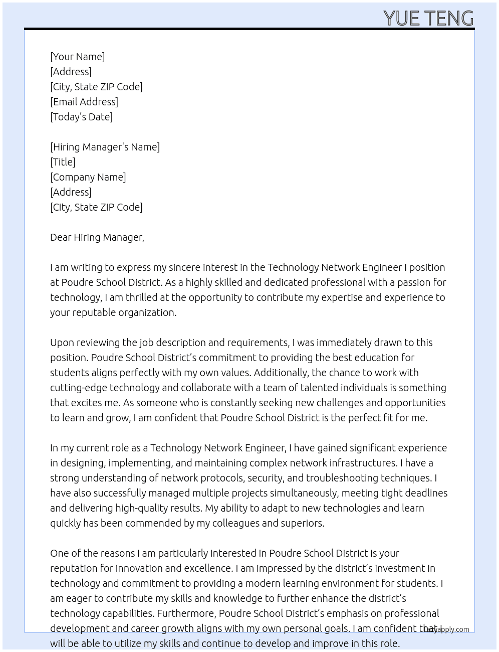 Technology Network Engineer I At Poudre School District Cover Letter
