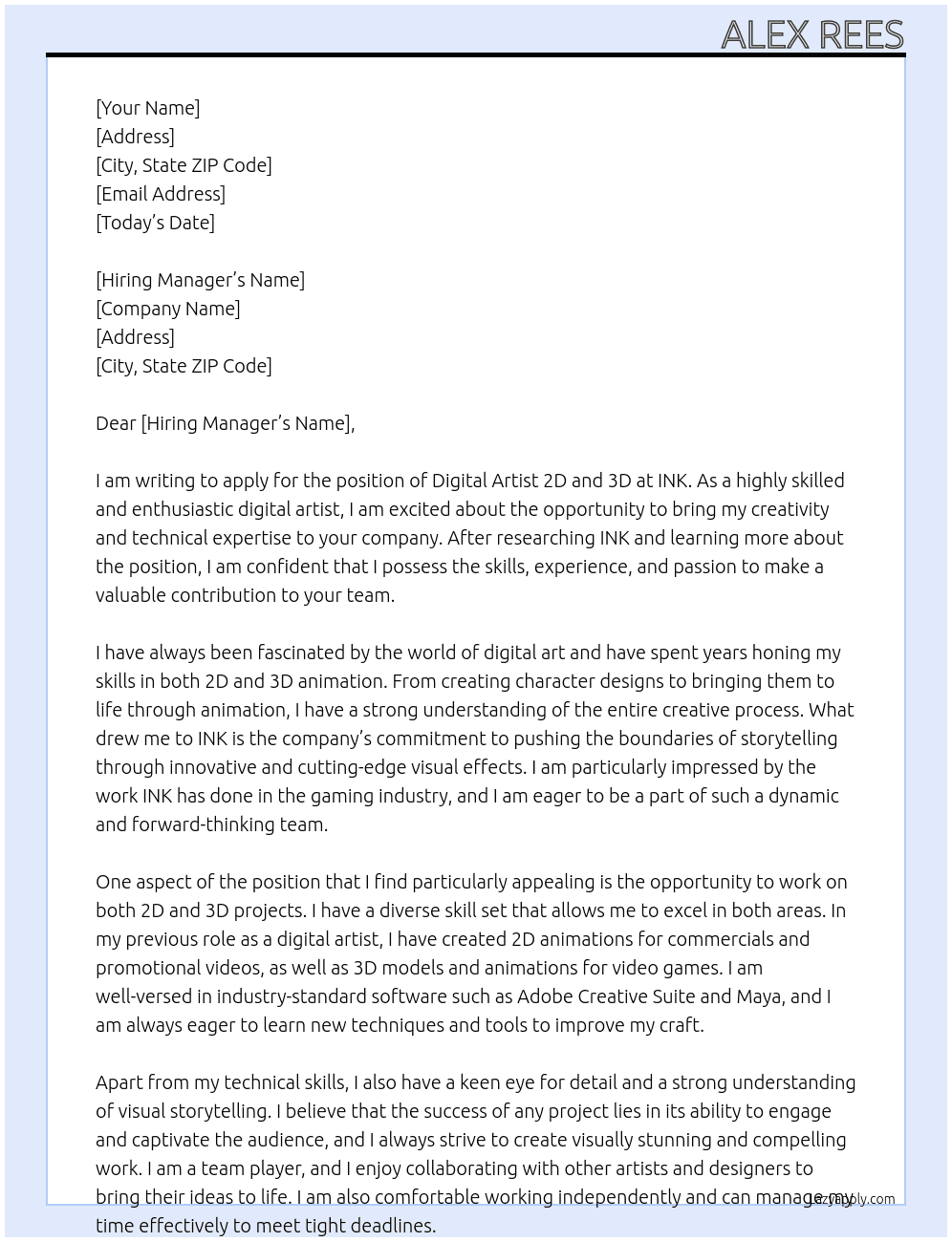 digital artist 2d and 3d At INK Cover Letter