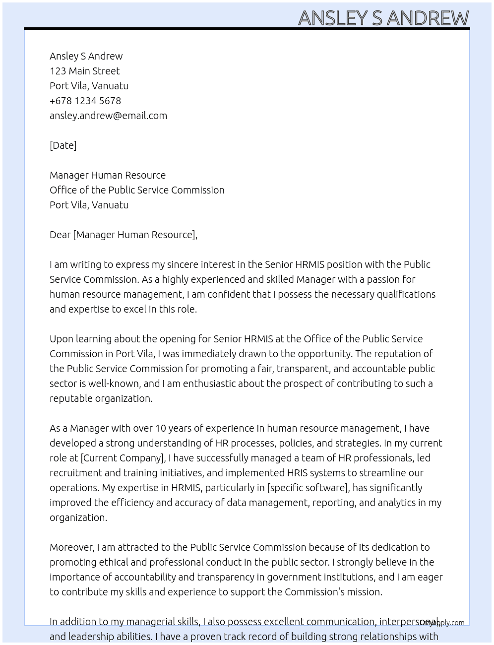Senior HRMIS with the Public Service Commission At Office of the Public Service Commission Cover Letter
