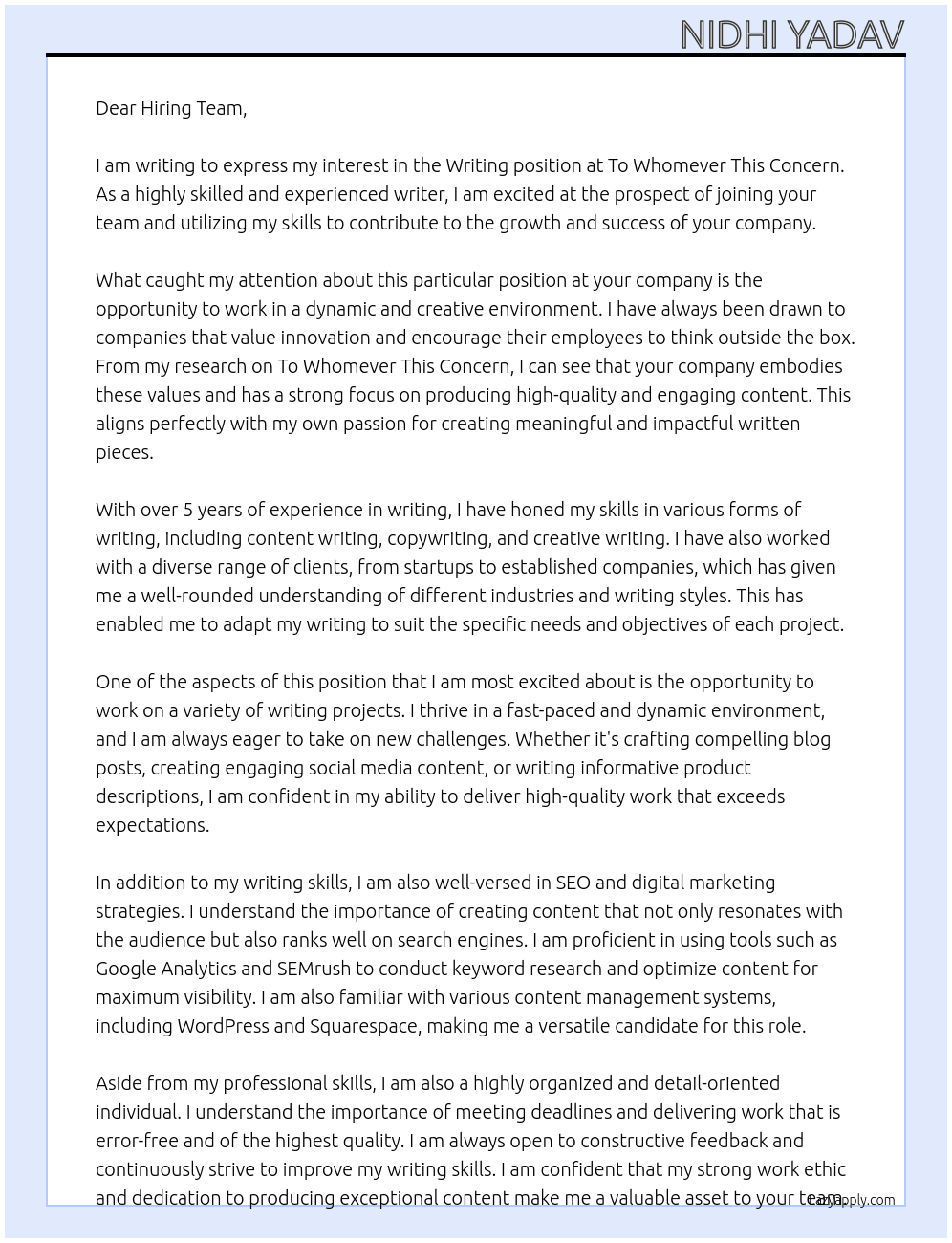 Writing  At To whomever this concern  Cover Letter