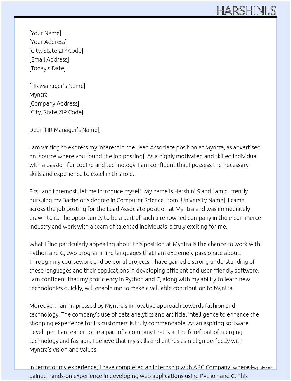 Lead associative  At Myntra Cover Letter