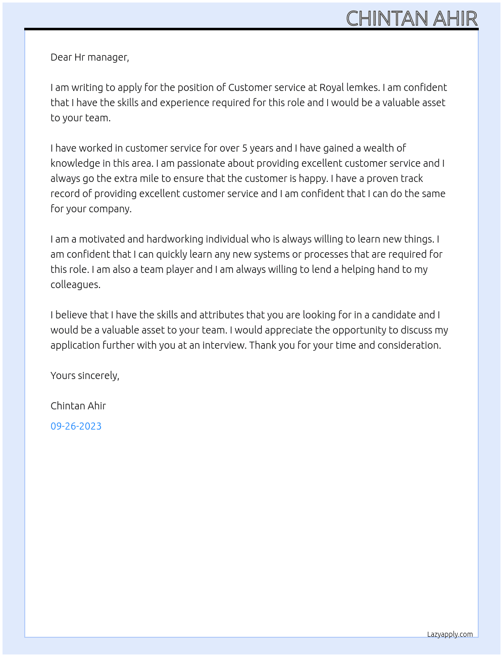 Customer service  At Royal lemkes Cover Letter