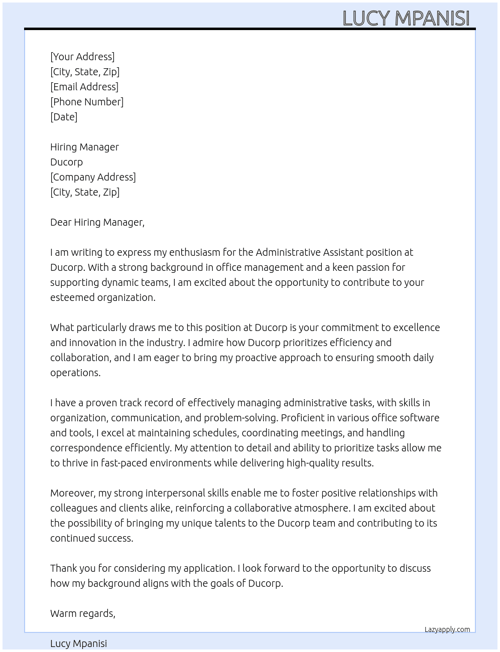 Administrative assistant  At Ducorp Cover Letter