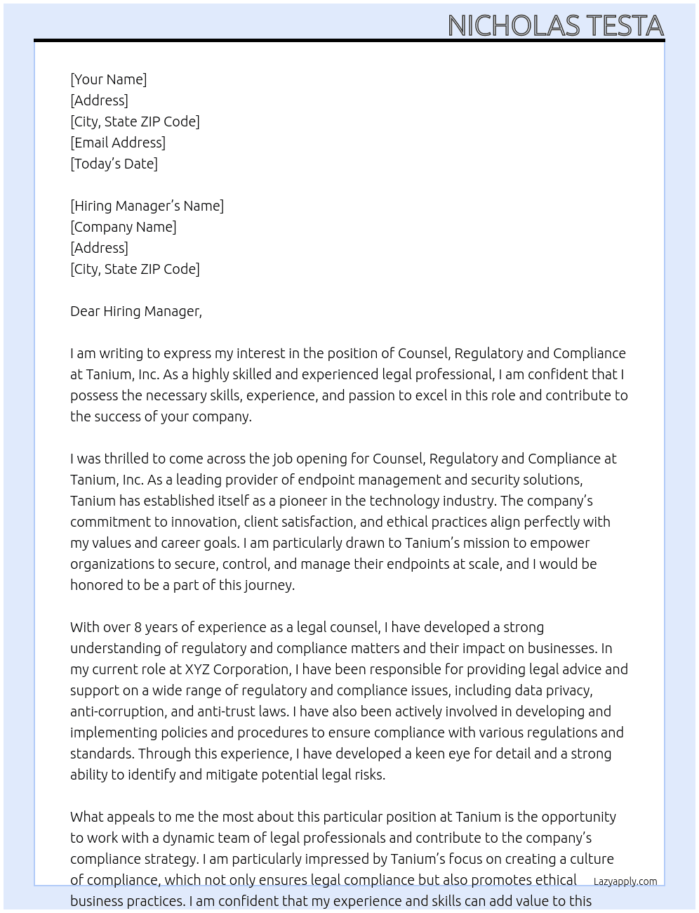 Counsel, Regulatory and Compliance At Tanium, Inc Cover Letter