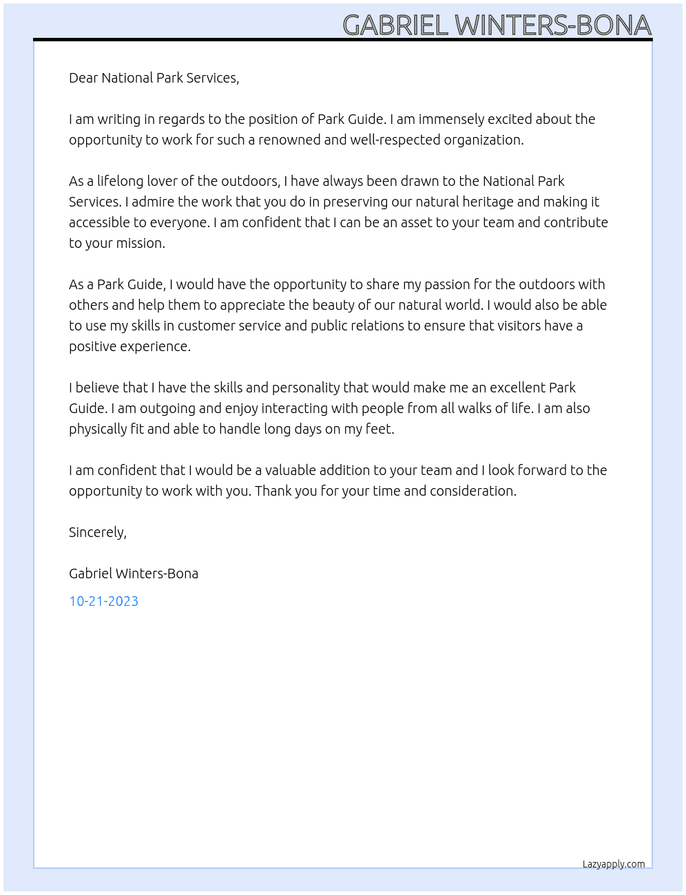 Park Guide At National Park Services Cover Letter