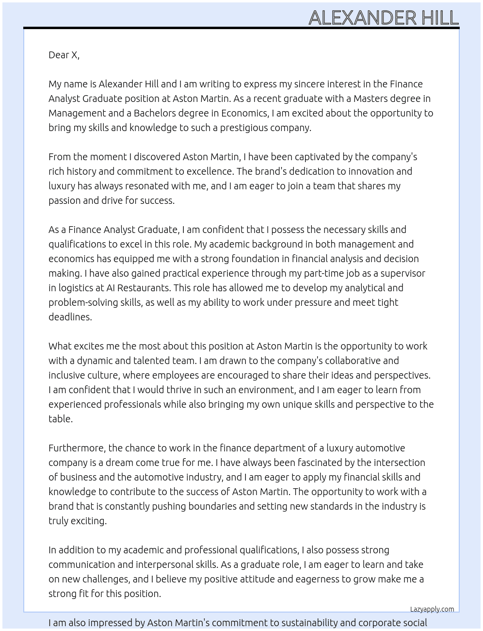 Finance Analyst Graduate At Aston Martin  Cover Letter