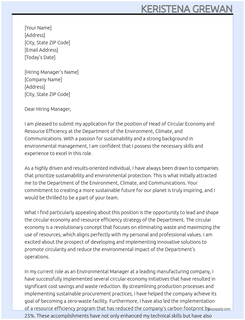 Head of Circular Economy and Resource  Efficiency At Department of the Environment, Climate, and Communications Cover Letter