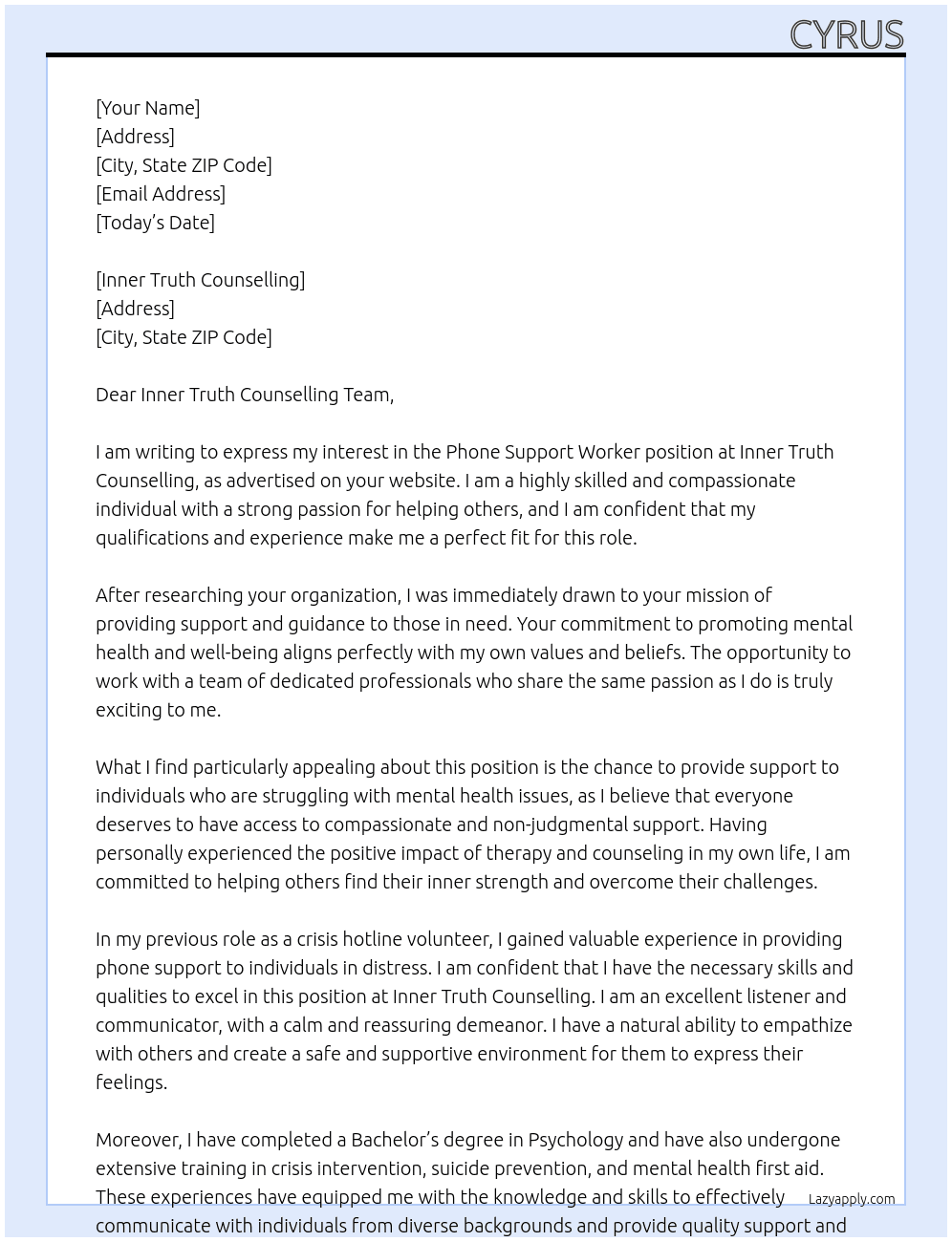 Phone support worker At Inner Truth Counselling Cover Letter
