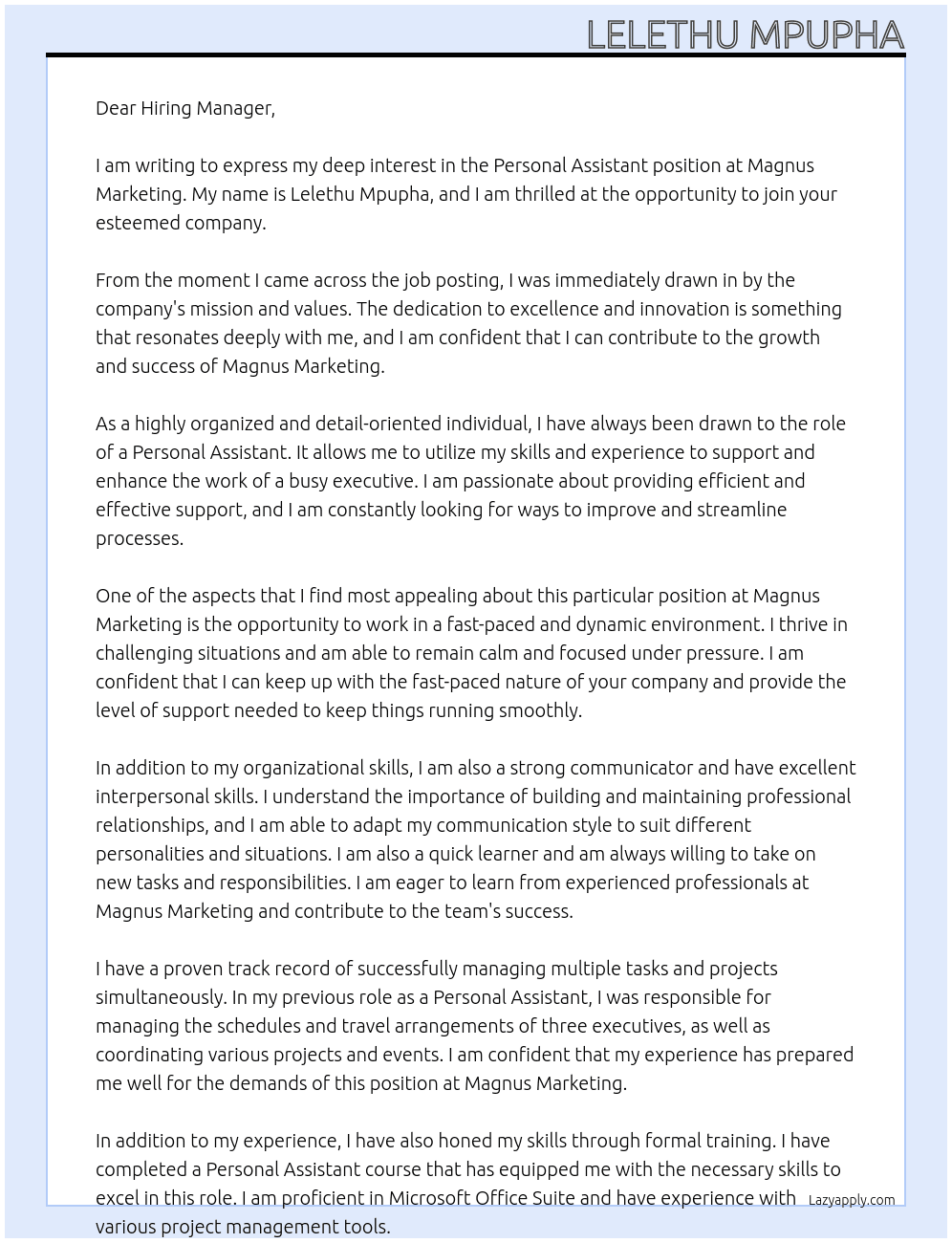 Personal Assistant  At Magnus Marketing Cover Letter