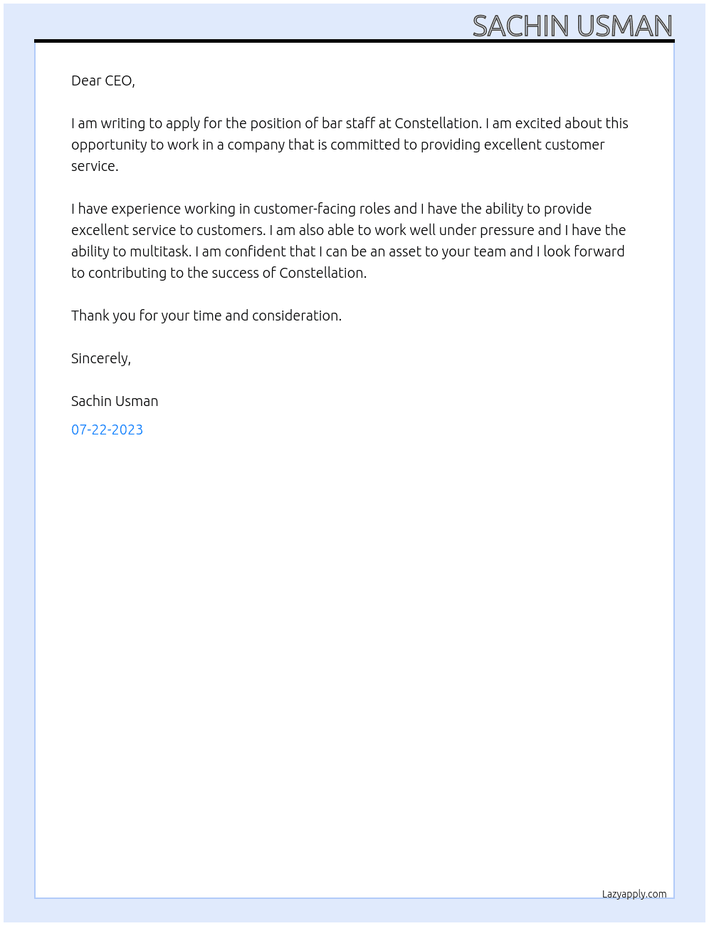 Bar staff At Constelaation Cover Letter