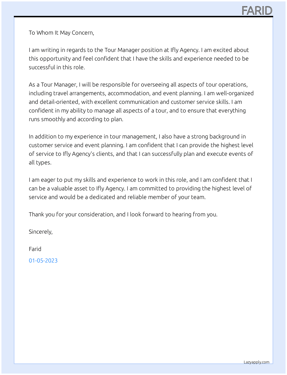 Tour manager  At Ifly Agency Cover Letter
