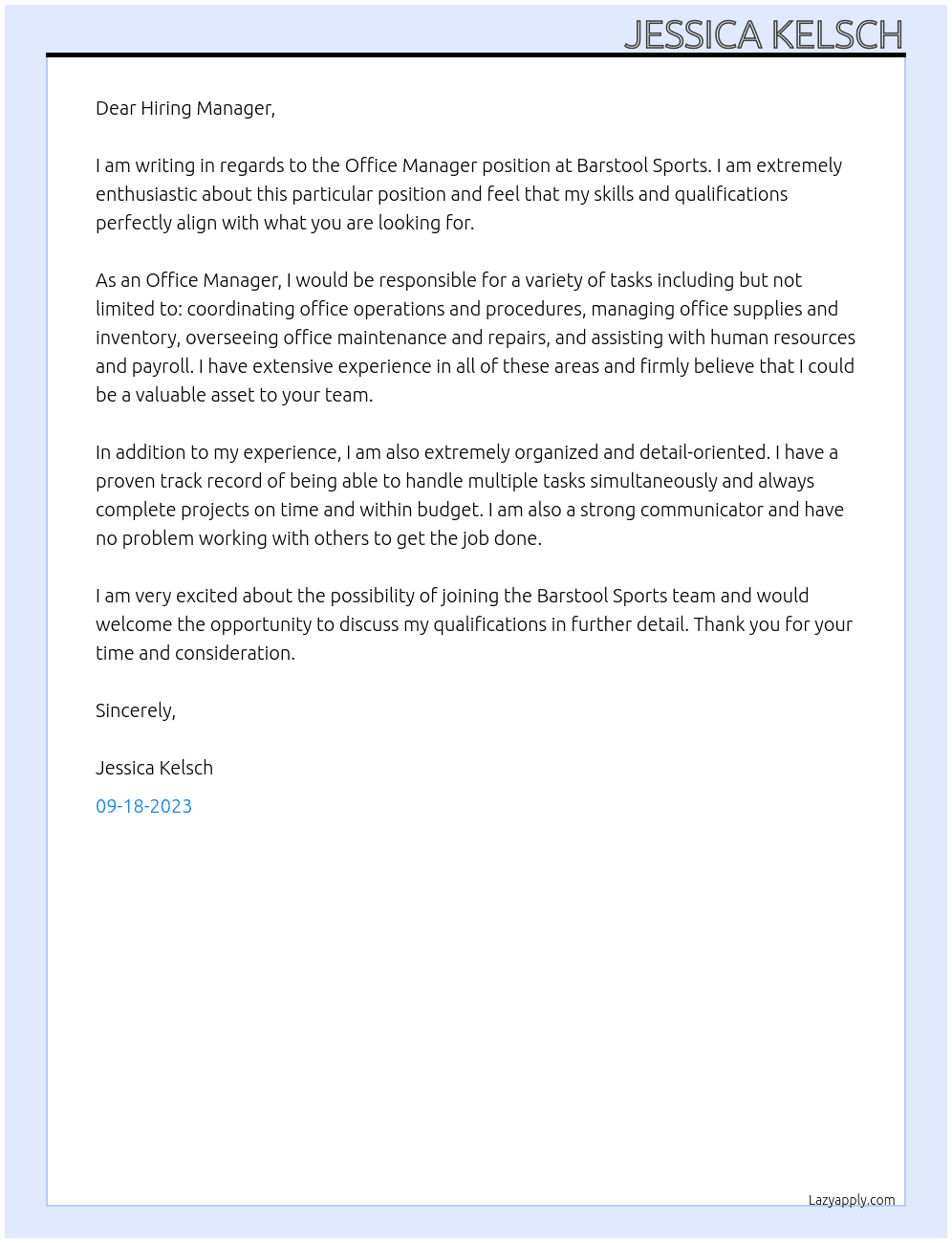 Office Manager At Barstool Sports Cover Letter