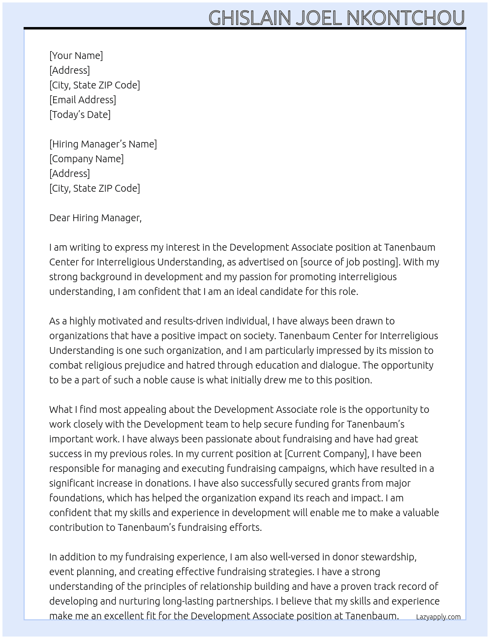 Development Associate At Tanenbaum Center for Interreligious Understanding Cover Letter